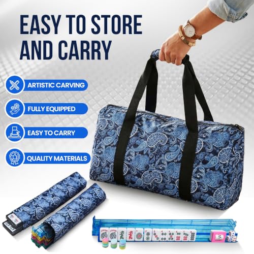 American Mahjong Tile Set with Mat - Premium Quality Melamine Mahjong Set with 166 Scratch-Resistant Tiles, Complete Accessories, and Portable Blue Carrying Case for Timeless Fun