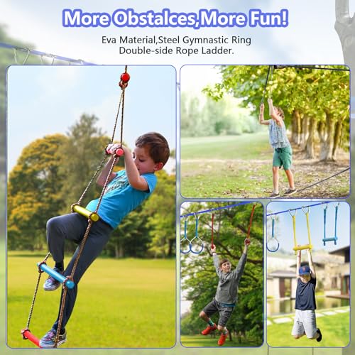 Ninja Warrior Obstacle Course for Kids,2×56ft Slackline Kit with 10 Ninja Accessories - Monkey Bar,Rope Ladder,Gymnastic Ring,Arm Trainer and Monkey Fist+Fast-Setup Buckles,Supports 880 lbs - size: 10 Obstacles