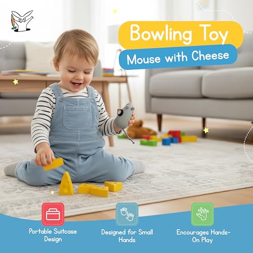 Jack Rabbit Creations Mouse & Cheese Wooden Bowling Set – Pull-Back Mouse Car & Pins – FSC Wood, Non-Toxic – Fine Motor & Hand-Eye Coordination – Gift Boxed, Ages 3+