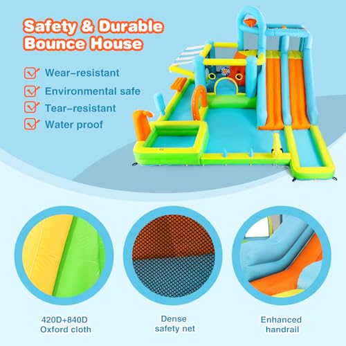 JOYLDIAS Inflatable Water Slide Bounce House for Kids, Luxury Heavy Duty Blow Up Water Park with Double Slides, Climbing Wall, Splash Pool and Sunshade Awning - Ideal Backyard Gift for Toddlers & Kids - color: 10 in 1