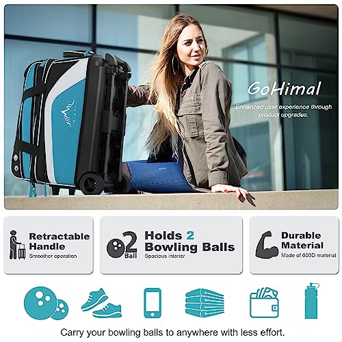 GoHimal Double Roller Bowling Bag, Shoe Compartment, Upgraded Fabric | Fits US men's size 15 shoes,multi pockets,retractable handle extends to 40",smooth-rolling wheels,lightweight design - color: Black-Blue