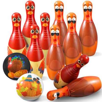 Libima 12 Pcs Thanksgiving Bowling Set Thanksgiving Gifts Fall Holiday Party Games Toddler Turkey Bowling Set 10 Soft Foam Bowling Pins 2 Bowling Balls Set Toy Bowling Set for Kids Fall Party Favors