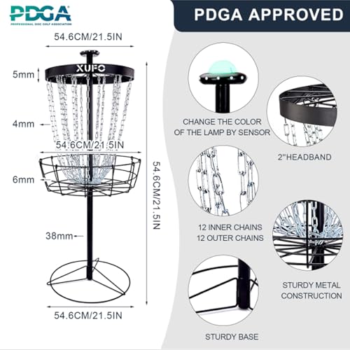 Portable Disc Golf Basket with 24 Chains and LED Sensor Lights for Night Practice - Stable Pole Base/12 Light Guide Strips
