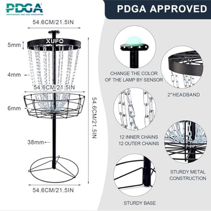 Portable Disc Golf Basket with 24 Chains and LED Sensor Lights for Night Practice - Stable Pole Base/12 Light Guide Strips