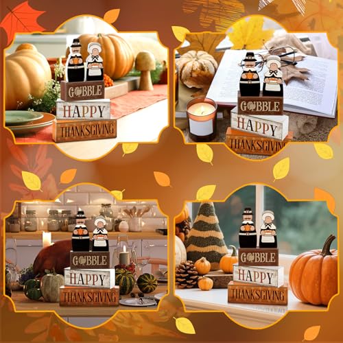 Lineshading 4 Pcs Fall Decoration for Home Wooden Pilgrim Couple Decor Thanksgiving Tiered Tray Decor Fall Centerpiece Rustic Decorative Pilgrim Block Sign Gift Farmhouse for Kitchen - style: Classic Pilgrim