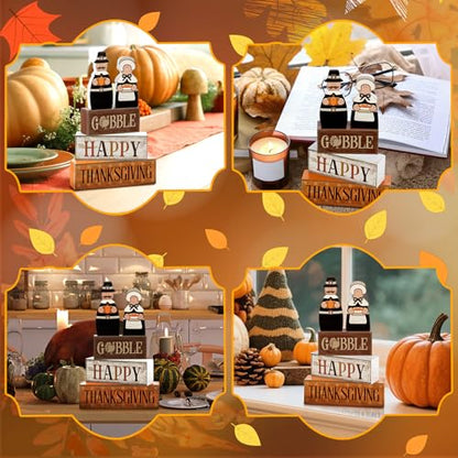 Lineshading 4 Pcs Fall Decoration for Home Wooden Pilgrim Couple Decor Thanksgiving Tiered Tray Decor Fall Centerpiece Rustic Decorative Pilgrim Block Sign Gift Farmhouse for Kitchen - style: Classic Pilgrim