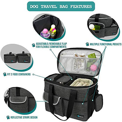 PetAmi Dog Travel Bag Organizer, Pet Travel Kit with 2 Food Containers & 2 Collapsible Dog Bowls, Pet Supplies Tote with Luggage Sleeve, Weekend Road Trip Camping Essentials, Dark Gray, Medium - color: Charcoal, size: Medium - 14.5"L x 8"W x 12.0"H