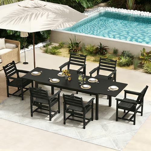 PIZZELLO 7 Pieces Outdoor Dining Set, 106" Extendable Aluminum Patio Dining Table w/ 6Pcs HDPE Patio Chairs, All Weather Outdoor Table and Chairs Sets for Backyard, Garden and Deck - size: 106"Table + 6 HDPE Chairs