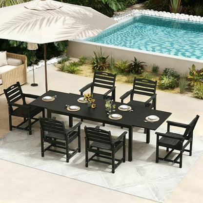 PIZZELLO 7 Pieces Outdoor Dining Set, 106" Extendable Aluminum Patio Dining Table w/ 6Pcs HDPE Patio Chairs, All Weather Outdoor Table and Chairs Sets for Backyard, Garden and Deck - size: 106"Table + 6 HDPE Chairs