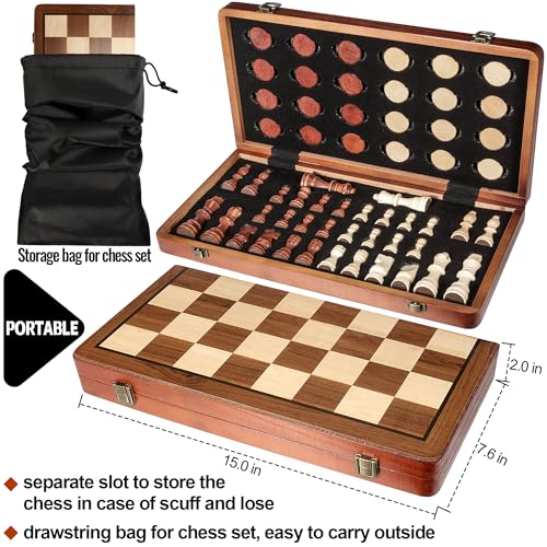 2 in 1 Wooden Chess and Checkers Set - Folding Magnetic Chess Board with Storage Slots, Chess Pieces, Portable Travel Chess Set for Adults & Kids, Includes Carry Bag