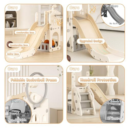 YUFU 5 in 1 Toddler Slide, Kids Slide with Climber, Basketball Hoop and Ball, Outdoor Indoor Playset for Toddlers Age 1-3 (Beige+Coffee) - color: Beige+coffee