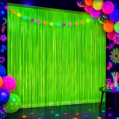 2 Pack Glow in The Dark Curtains Party Supplies 6.6 x 3.3 Ft Glow Tinsel Foil Fringe Curtains Photo Booth Prop Backdrop Streamer for Birthday Holiday Neon Party Decorations - color: Green, size: 2 Pack