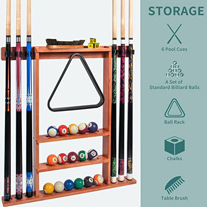 Brown Pool Stick Holder, Wall Mount Pool Cue Rack ,Solid Wood Floor Stand for billiard cue sticks,Holds 6 Pool Cues & a Full Set of Balls,Professional Pool Table Accessories for Billiard Room or Club