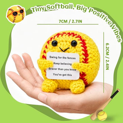 OkiyiD Mini Positive Yellow Softball Crochet Ornament – Knitted Wool Ball with Inspirational Card, Emotional Support Desk Decor for Women College Students, Stress Relief Gift for Graduation Birthday - style: yellow softball