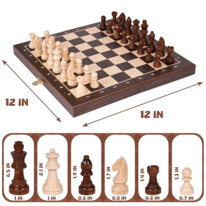 Magnetic Travel Chess Set with Wooden Folding Board – 12 Inch Portable Magnetic Chess Board Game with Handcrafted Wooden Pieces, 2 Extra Queens, Strategy Chess Set for Adults and Kids Beginners