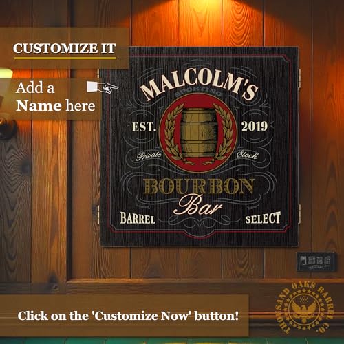 Personalized Dart Board Cabinet Set with 6 Steel Tip Darts, Paper Dartboard, Chalk & Eraser (21.5 x 21.5 x 2.75) - Man Cave Dart Boards for Adults - style: Bourbon Bar