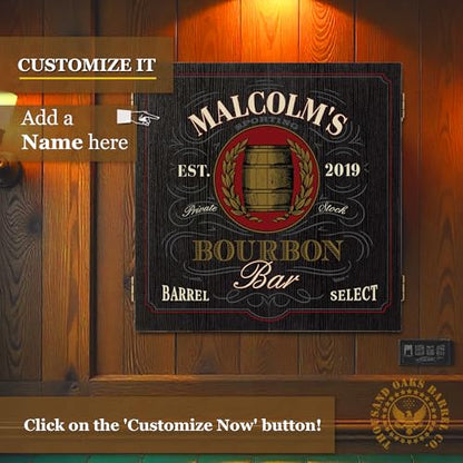 Personalized Dart Board Cabinet Set with 6 Steel Tip Darts, Paper Dartboard, Chalk & Eraser (21.5 x 21.5 x 2.75) - Man Cave Dart Boards for Adults - style: Bourbon Bar