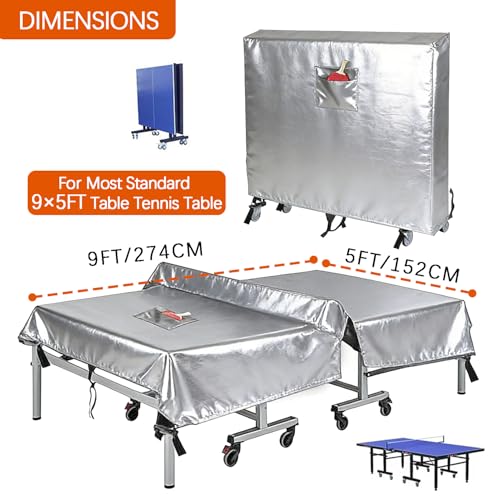 600D Ping Pong Cover Heavy Duty Table Tennis Cover Waterproof Outdoor & Indoor with Paddle Pocket Windproof Buckle Fits Universal 9x5 FT Tables Folding & Flat Tables,Silver,65''Lx28''Wx73''H - color: Silver