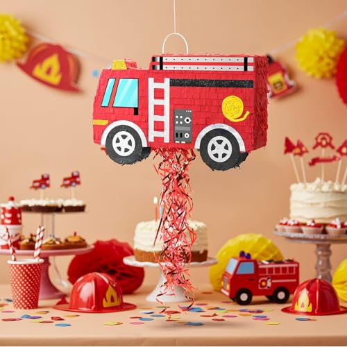 WERNNSAI Fire Truck Piñata - Firetruck Birthday Decorations Piñata for Boys Kids Firefighter Truck Theme Birthday Party Game Decorations Bundle with Blindfold and Bat - style: Fire Truck