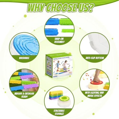 HYES Light Up Stepping Stones & Balance Beams for Kids 1-3, 13PCS Non-Slip Sensory Obstacle Course with Piano Music, Game Spinner & 30 Cards, Indoor Outdoor Toddler Toys Gifts for Boys Girls Ages 3-5 - style: 5 LED Pads & 8 Beams