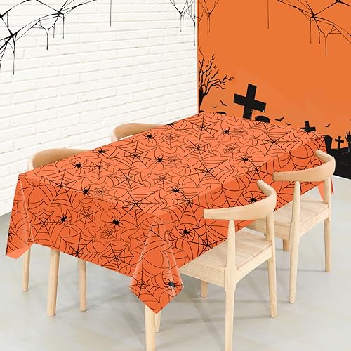 2 Pack Halloween Plastic Table cloths Christmas Plastic Table Covers Disposable Table Cloths for Christmas BBQ Picnic Parties TableCovers Waterproof TableCloth Oil-Proof White Table Covers 54 x 108 in - color: Orange Spider Web