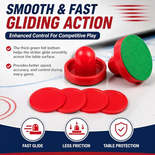2 Sets Air Hockey Pusher and Puck Replacement Parts 60mm Red Striker Handles with Felt Pads and 51mm Red Round Pucks Air Hockey Table Accessories Plastic Mallet Goal Shooter Kit for Game Tables