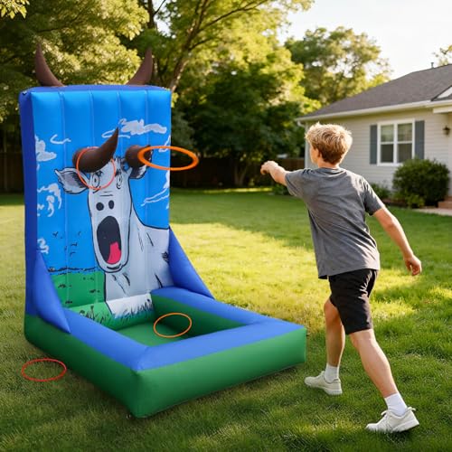 Inflatable Ring Toss Carnival Game – Horns Target Design with Built-in Blower, Portable Toss Challenge Game for Backyard Party, School Carnival & Family Fun Event - style: Ring Toss