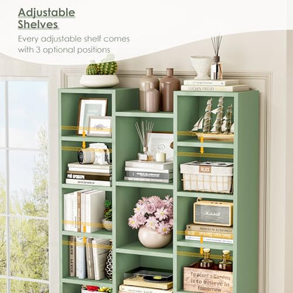 FOTOSOK 71'' Tall Bookshelf with 21 Cubes, 8 Tier Triple Wide Bookshelf with 8 Adjustable Shelves, 35" Large Bookcase DVD/CD Media Tower Storage, Freestanding Display Shelf Cabinet, Green - color: Green