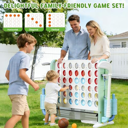 Wdmiya Giant 4 Outdoor Game Set, 4-in-1 Height Adjustable Jumbo 4-in-a-Row Game with Ring Toss, Basketball Hoop & Golf, Backyard Games for Kids & Adults, Includes Mesh Pocket (Upgrade Green) - color: Upgrade Green