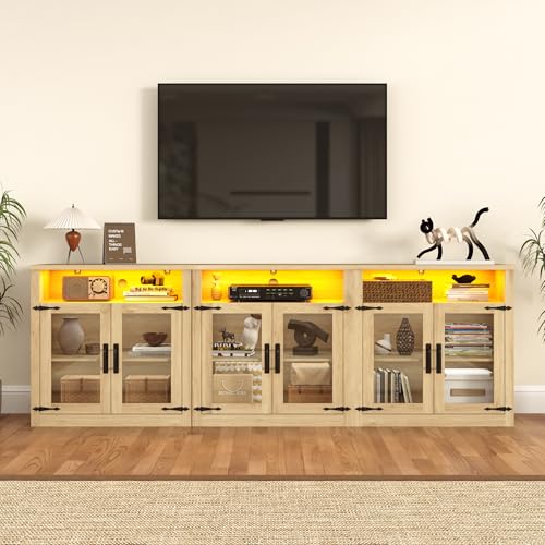 chartustriable 94.5" TV Stand for 85 90 100 inch TV, 2-Piece Farmhouse Media Console Table Set, Wood Entertainment Center with LED Lights and Glass Doors, Oak - color: Oak, size: 94.5"W 2-Piece