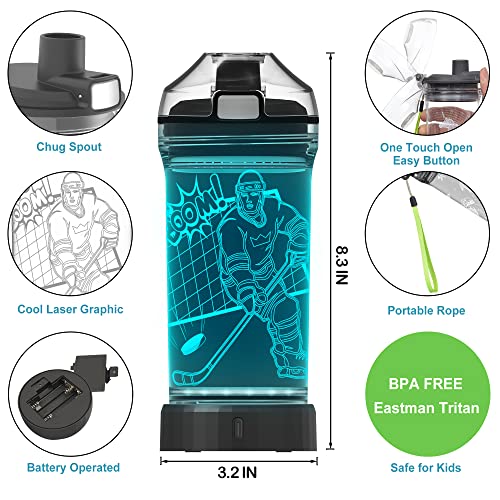 Lightzz Kids Water Bottle with 3D Glowing Hockey LED Light - 14 OZ Tritan BPA Free - Creative Ideal Travel Cup Gift for School Kid Boy Child Holiday Camping