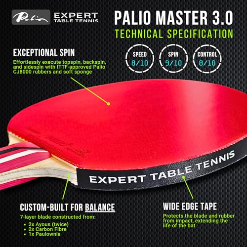 Palio Master 3.0 Table Tennis Bat & Case | ITTF-Approved Intermediate Ping Pong Racket | Allround Speed, Spin and Control | Case - style: Set of 2 Rackets