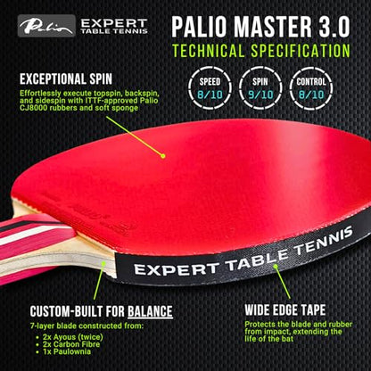 Palio Master 3.0 Table Tennis Bat & Case | ITTF-Approved Intermediate Ping Pong Racket | Allround Speed, Spin and Control | Case - style: Set of 2 Rackets