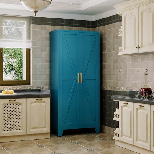 QINPTWUT 71" Metal Storage Cabinet with Doors and Shelves, Tall Pantry Cabinet in Blue with 2 Doors & 4 Adjustable Shelves, All-Steel Farmhouse Cupboard for Kitchen, Living Room,Home Office,Garage - color: Blue, size: 71"-0 drawer