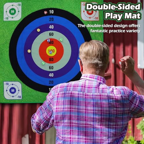 Battle Golf Chipping Game Set for Kids Adults, Chip and Stick Golf Game with 2 Adjustable Clubs, 5×5FT Double-Sided Chipping Practice Mat, 20 Sticky Balls Sport Toy Gift for Indoor Outdoor Family Fun