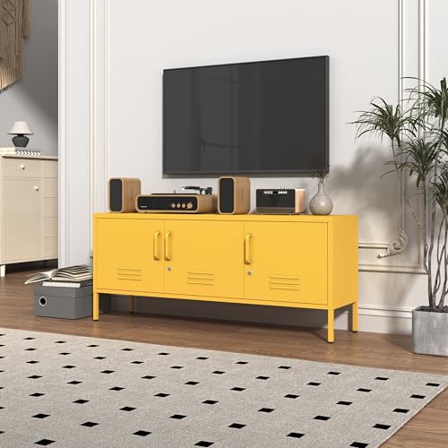 3 Door Lockable Metal TV Stand Storage Cabinet with Accent Cabinet Locker, Wide Heavy Duty Media Console for Large 100+ Inch TVs, Home Office Entertainment Center, Yellow 22"H X 47.3"W X 13.8"D - color: Mustard, style: TV stand-22"H-LM