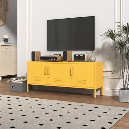 3 Door Lockable Metal TV Stand Storage Cabinet with Accent Cabinet Locker, Wide Heavy Duty Media Console for Large 100+ Inch TVs, Home Office Entertainment Center, Yellow 22"H X 47.3"W X 13.8"D - color: Mustard, style: TV stand-22"H-LM