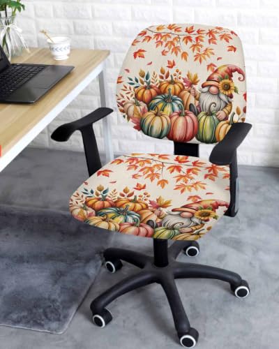 Savannan Office Chair Cover, Fall Thanksgiving Pumpkin Gnome Protective Stretch Elastic Universal Cover for Desk Task Chair,Computer Rotating Chair 1 Pcs Orange Maple Leaf Retro Linen