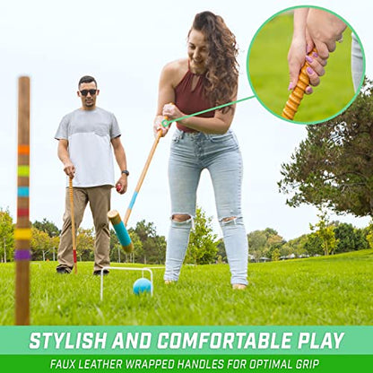 GoSports Premium Wood Stained Six Player Croquet Set with Handcrafted Wooden Stand