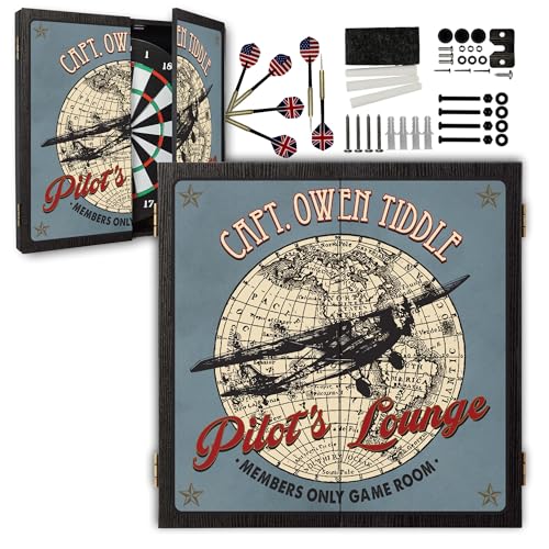 Personalized Dart Board Cabinet Set with 6 Steel Tip Darts, Paper Dartboard, Chalk & Eraser (21.5 x 21.5 x 2.75) - Man Cave Dart Boards for Adults - style: Pilot's Lounge