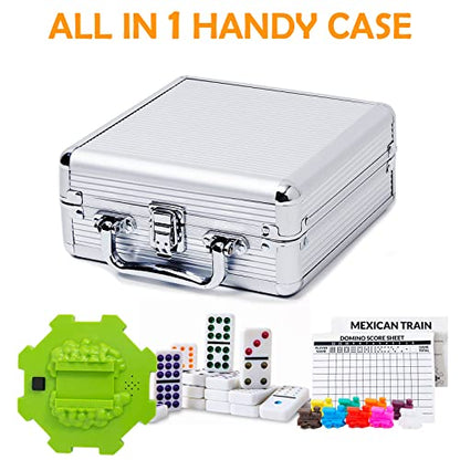 Yinlo Mexican Train Domino Set with Sound Effect, Dominoes Set for Travel, 91 Tiles Double 12 Colored Dominoes Travel Game Set with Aluminum Case - style: Dot with Green Hub
