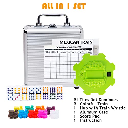 Yinlo Mexican Train Dominoes Set with Sound Effects, Mexican Train Dominoes Game for Travel, 91 Tiles Double12 Colored Dominoes Game Set with Aluminum Case - style: DOT DOMINOES with GREEN HUB