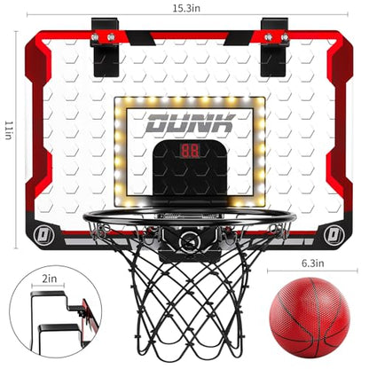 TEMI Indoor Basketball Hoop for Kids, Door Room Basketball Hoop,Mini Basketball Hoop with 4 Balls, Basketball Toys for 3 4 5 6 7 8 9 10 11 12 Year Old Boys - style: LED & Scoreboard & 4 Balls