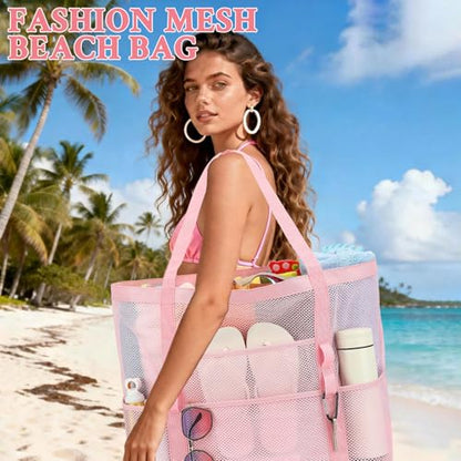 GYEUKHAM Mesh Beach Bag for Women, Sand-Resistant Pool Tote, 9 Pockets (1 Inner Zip), Foldable Family Travel Essentials - color: L-pink
