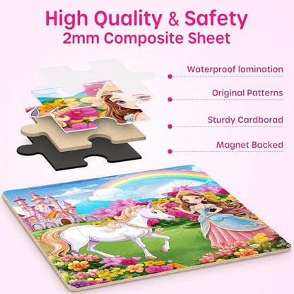 SYNARRY Unicorn Princess Fairy Magnetic Puzzles for Toddlers 3-5 Girls, 20 Pieces Travel Puzzles for Kids Ages 4-6, Easter Basket Stuffers for Kids, Car Airplane Road Trip Activities Magnet Games Toy - style: Unicorn