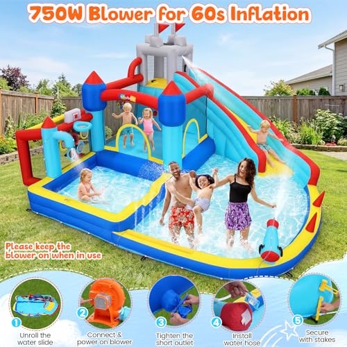 Whubefy 15x14.5ft Bounce House Water Slide Park, 13in1 Huge Blow up Waterslides Inflatable for Kids Backyard w/750W Blower, Pool, Soccer Goal, 5-hole Target Toss Game, Dart Board for Big Kids 8-12 3-6