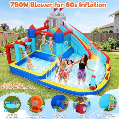 Whubefy 15x14.5ft Bounce House Water Slide Park, 13in1 Huge Blow up Waterslides Inflatable for Kids Backyard w/750W Blower, Pool, Soccer Goal, 5-hole Target Toss Game, Dart Board for Big Kids 8-12 3-6