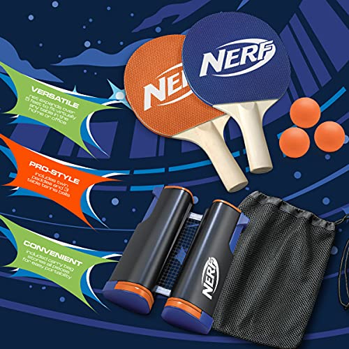 NERF 7-Piece Retractable Tabletop Tennis Game Set, Play Almost Anywhere with Expandable Net, 2 Paddles and 3 Balls, Includes Convenient Portable Drawstring Bag, Birthday & Father’s Day Gift