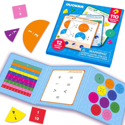 QUOKKA Magnetic Puzzles for Kids Ages 4-6 – Magnetic Fractions Learning Set for Kids 6-12 – Math Games for Homeschooling, Classrooms & Travel – 110 Magnets, 12 Task Pages, Marker – Toddler Travel Toys - style: 10. Math Game