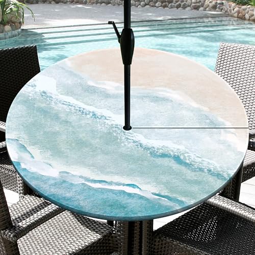 Beach Outdoor Tablecloth with Umbrella Hole Waterproof Patio Table Covers Fitted Table Cloth with Elastic Zippered Round Outdoor Table Cloth for Picnic, Camping, Garden(36''-40'') - color: Teal, size: 40" (Round)